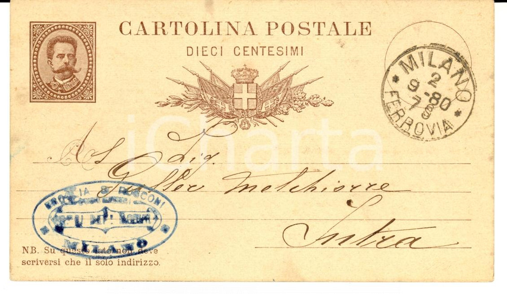 Documento originale, autentico 1880 MILANO Ditta BROGLIA E RUSCONI a Melchiorre GULLER Verbania INTRA Cartolina 1