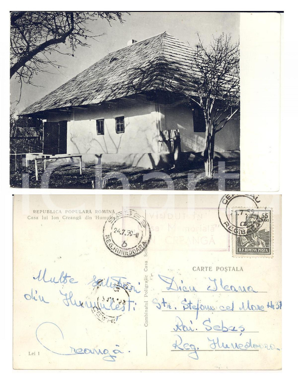 Autografo originale 1959 HUMULESTI ROMANIA Casa di ion CREANGA Cartolina con autografo nipote FP 1