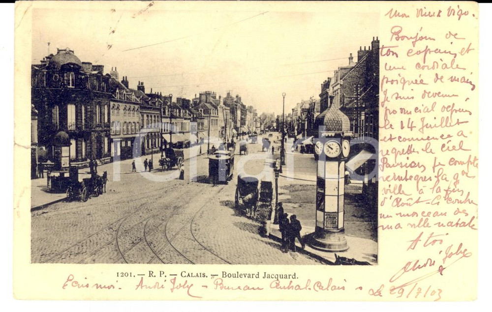Autografo originale 1903 CALAIS FRANCIA Boulevard Jacquard Cartolina autografo André JOLY FP VG 1