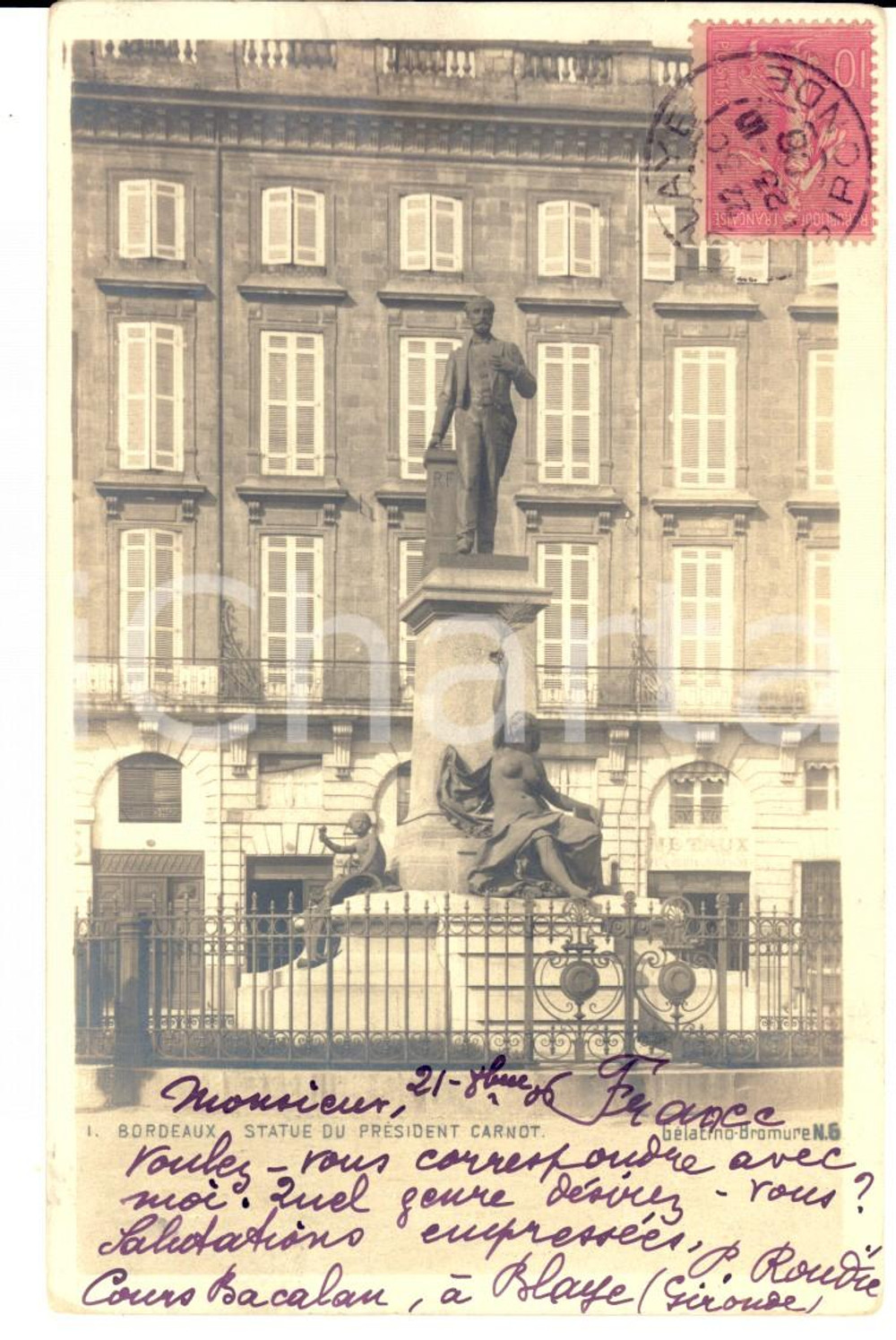 Autografo originale 1906 BLAYE F Statue prÃ©sident CARNOT Autographe Paul ROUDIE  FP VG 1