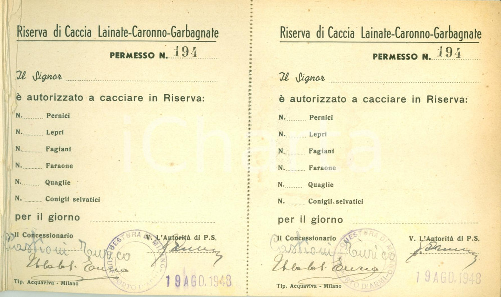 Documento originale, autentico 1948 LAINATE MI Riserva caccia CARONNO GARBAGNATE Permessi per Enrico CASTIONI 1