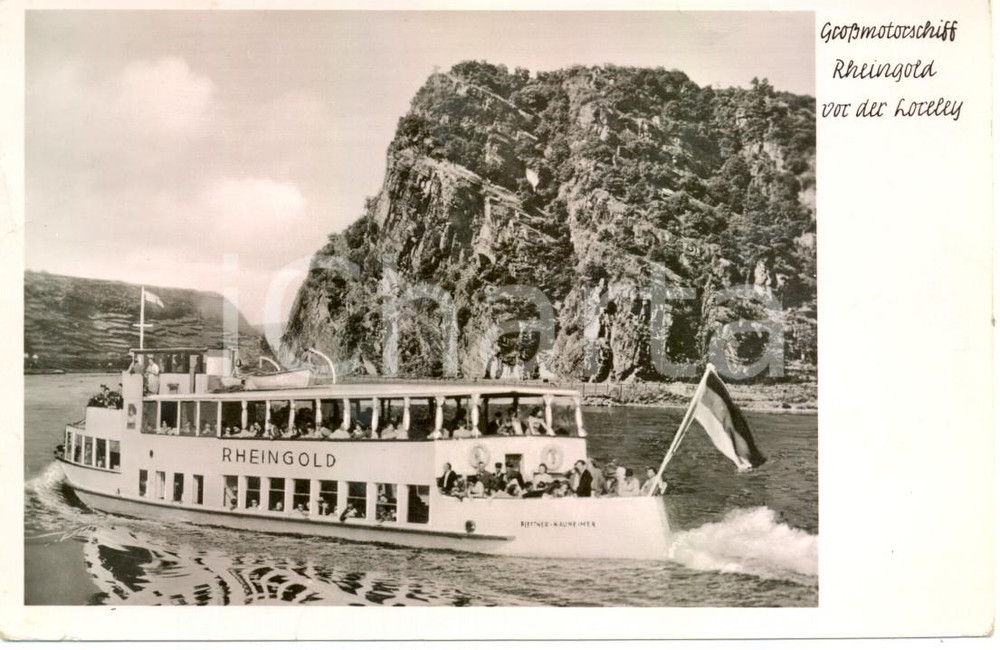 Cartolina originale da collezione 1950 ca ca SANKT GOARSHAUSEN DE Motonave RHEINGOLD naviga davanti a LORELEY 1