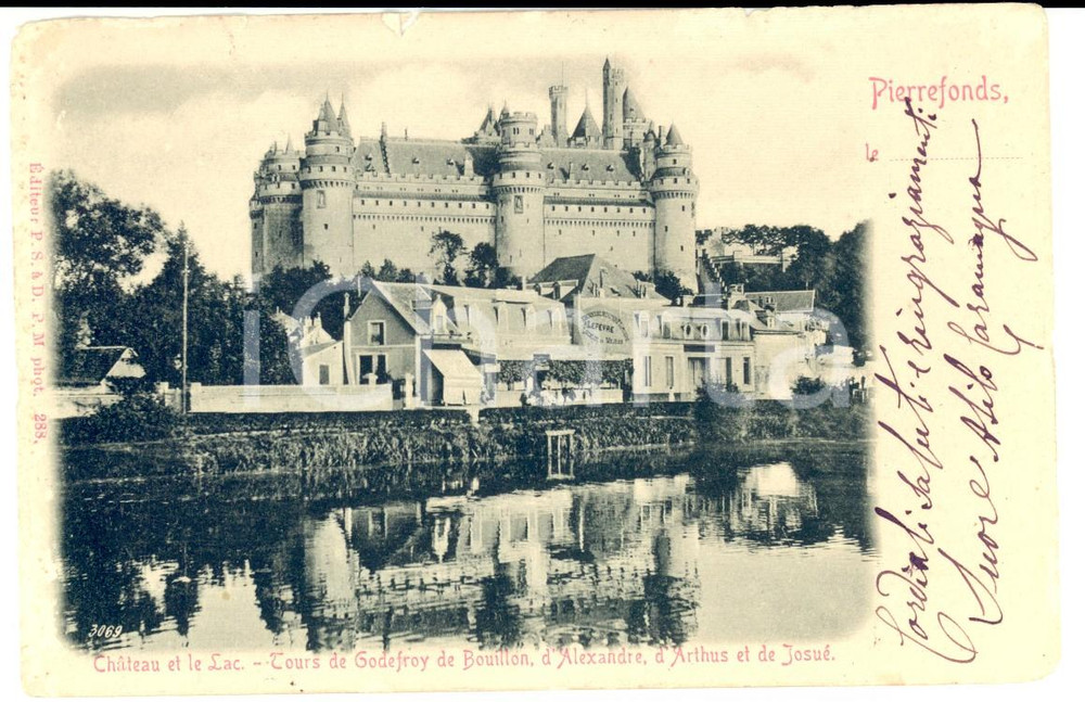 Autografo originale 1900 ca PIERREFONDS F Chateau Cartolina suore asilo CARAMAGNA DANNEGGIATA 1
