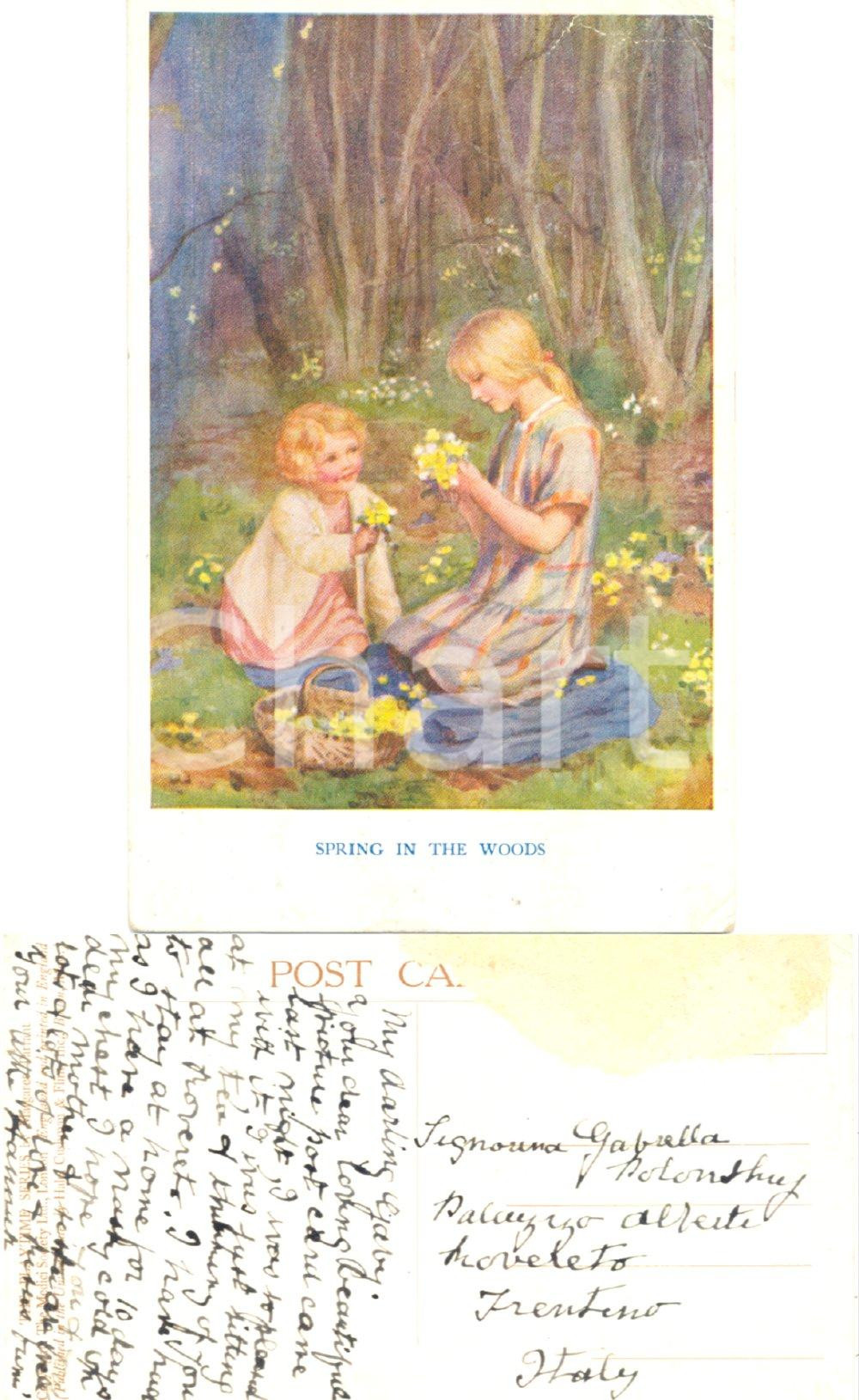 Autografo originale 1930 ca Spring in the woods Cartolina a Gaby POLONSKY  da Hannah SAUNDERS 1