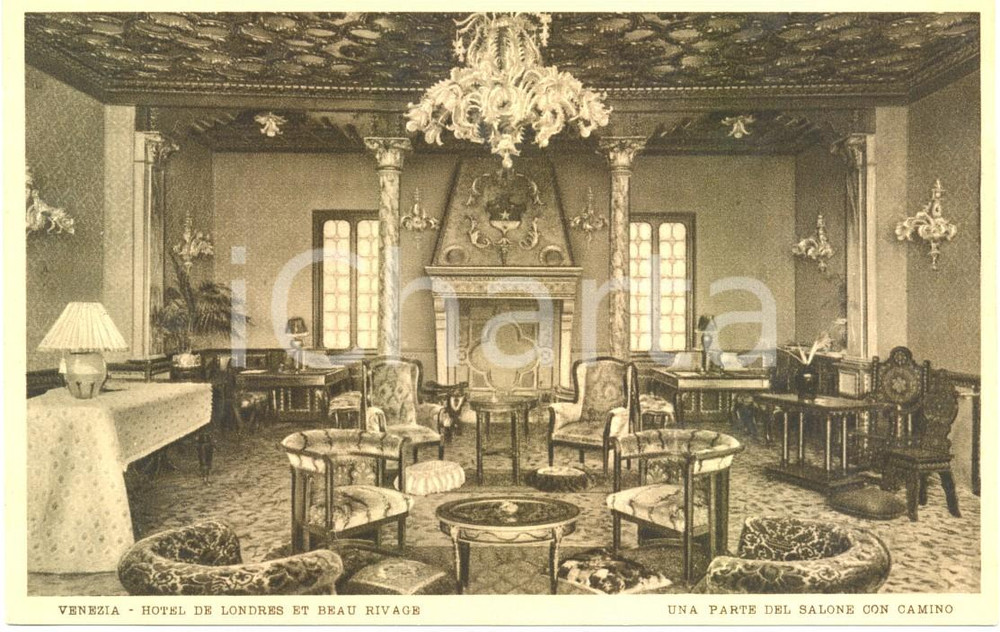 Cartolina originale da collezione 1920 ca. VENEZIA Hotel de Londres et Beau Rivage  Salone con camino FP NV 1