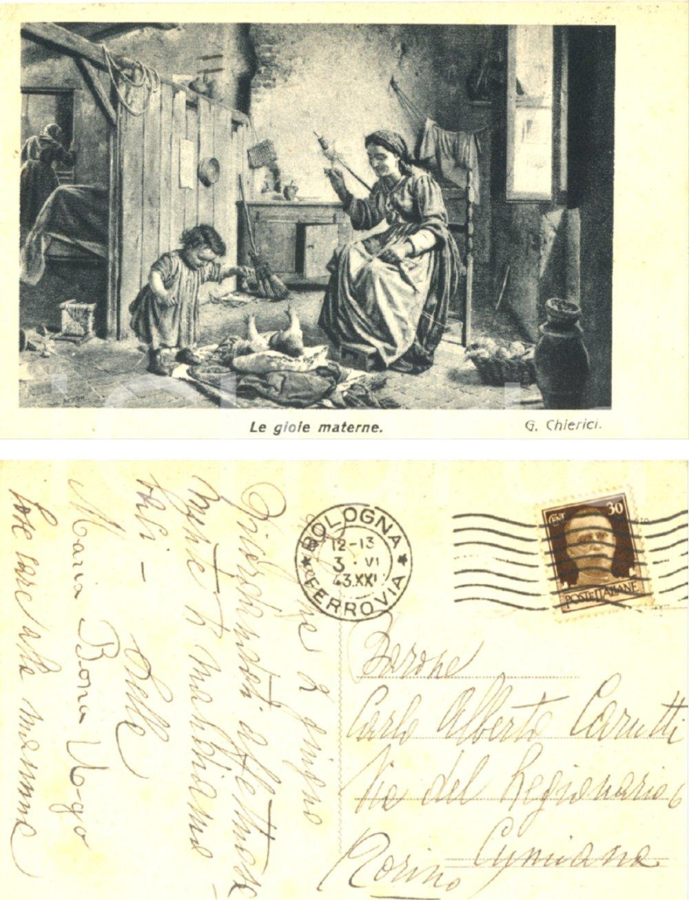 Autografo originale 1943 BOLOGNA Le gioie materne Cartolina al barone Carlo Alberto CARUTTI 1