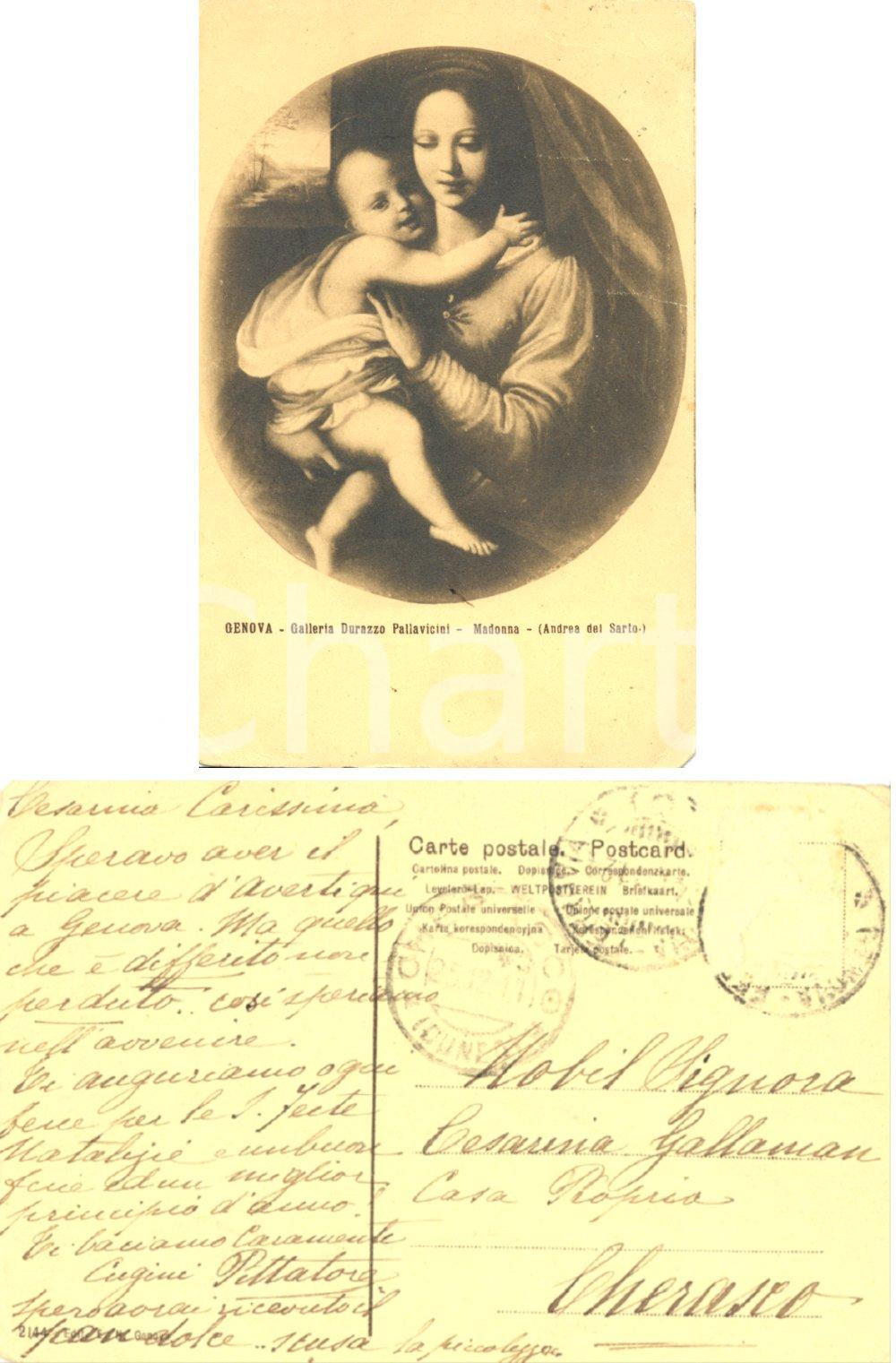 Autografo originale 1911 GENOVA Madonna Andrea Del Sarto Cartolina nobili PITTATORE FP VG 1
