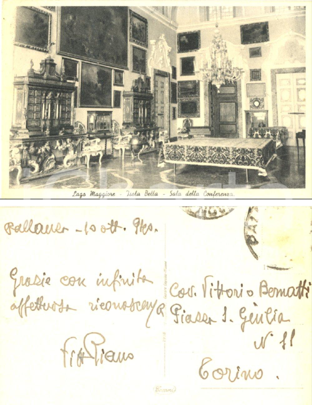 Autografo originale 1940 VERBANIA PALLANZA Sala della Conferenza Autografo Vittorio PIANO FP VG 1