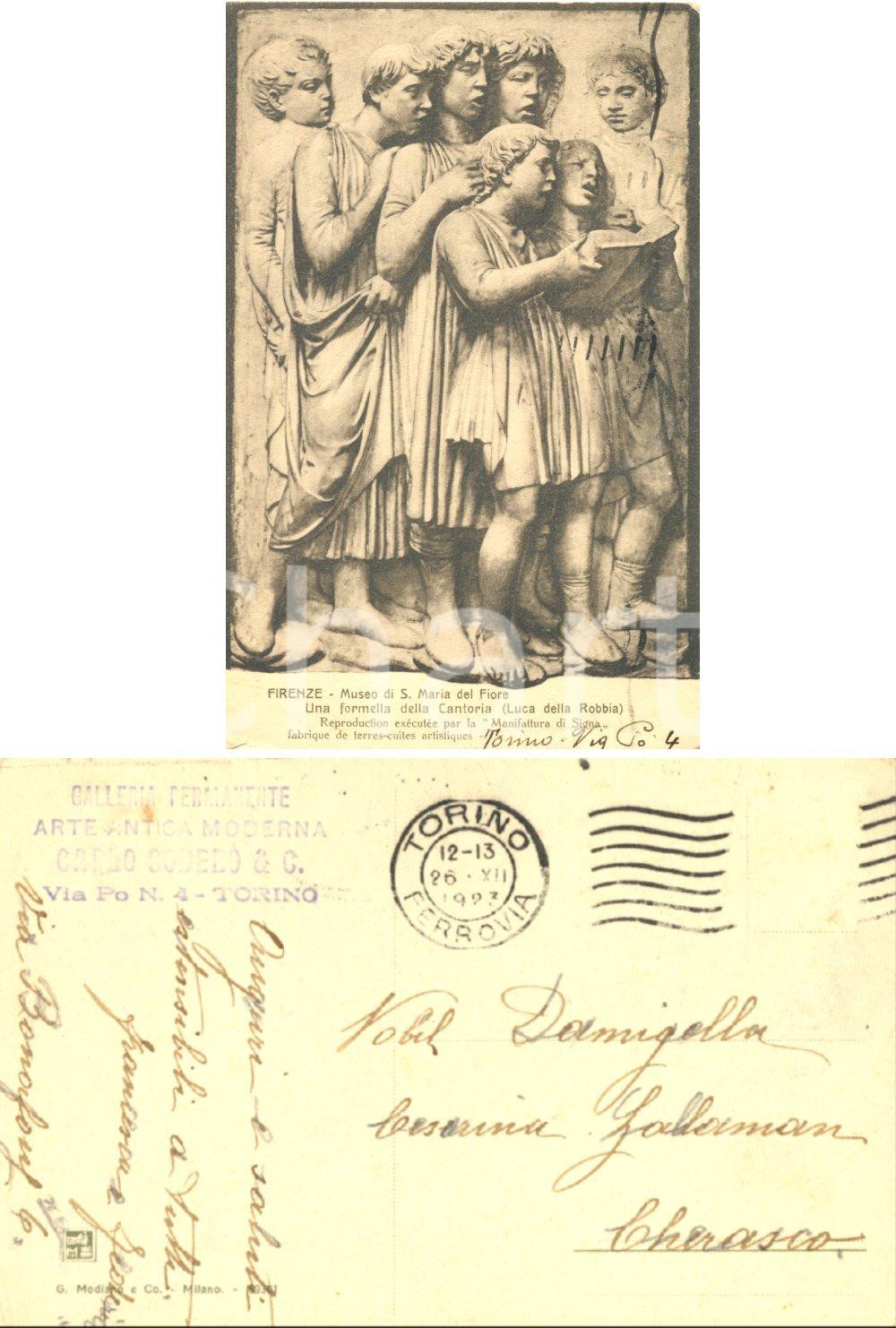 Autografo originale 1923 TORINO Formella della Cantoria Cartolina famiglia Carlo CODEBO  FP VG 1
