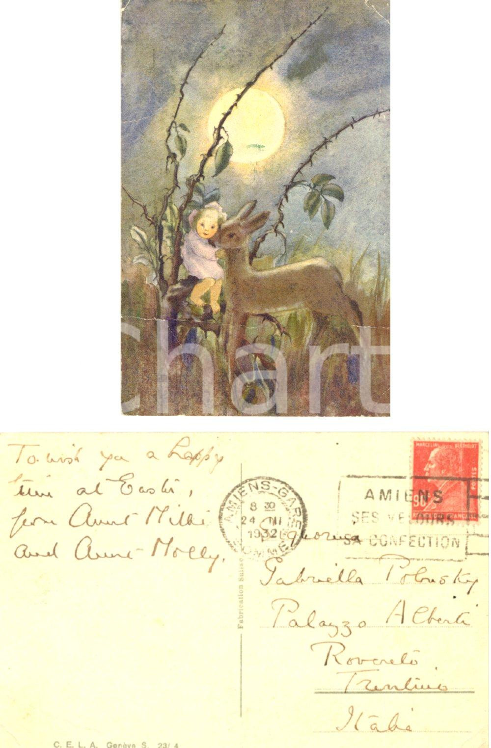 Cartolina originale da collezione 1932 Bambina con cerbiatto Cartolina a Gaby POLONSKY  dalle cugine SAUNDERS 1