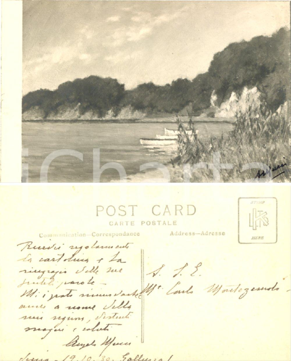 Autografo originale 1930 SIENA Barche sul lago Autografo pittore Angelo MUCCI a Carlo MONTEZEMOLO 1