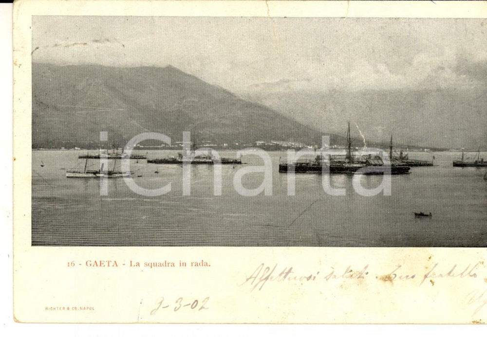 Cartolina originale da collezione 1902 GAETA LT REGIA MARINA  Squadra in rada Cartolina postale FP VG 1