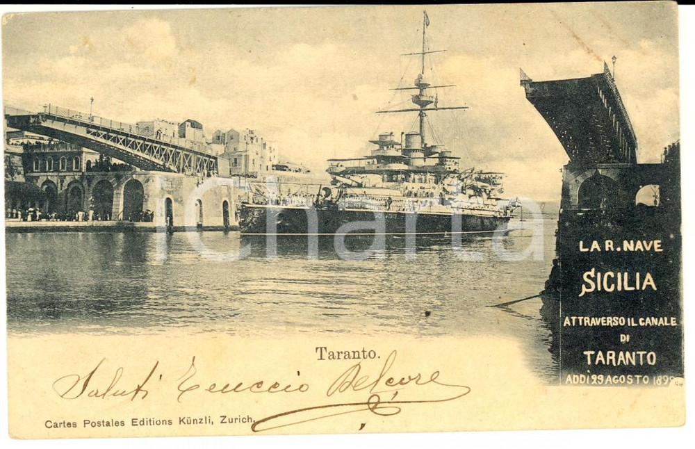 Cartolina originale da collezione 1901 TARANTO Passaggio della REGIA NAVE SICILIA Cartolina postale ANIMATA FP VG 1
