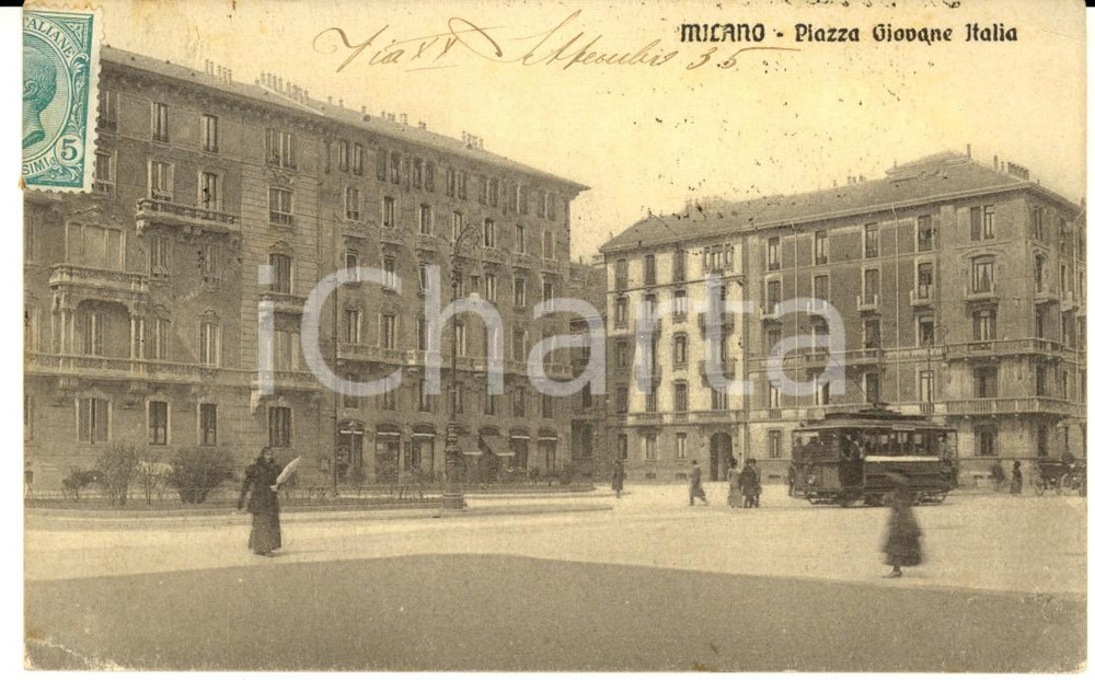 Cartolina originale da collezione 1910 ca MILANO Piazza GIOVANE ITALIA Cartolina ANIMATA tram FP VG 1