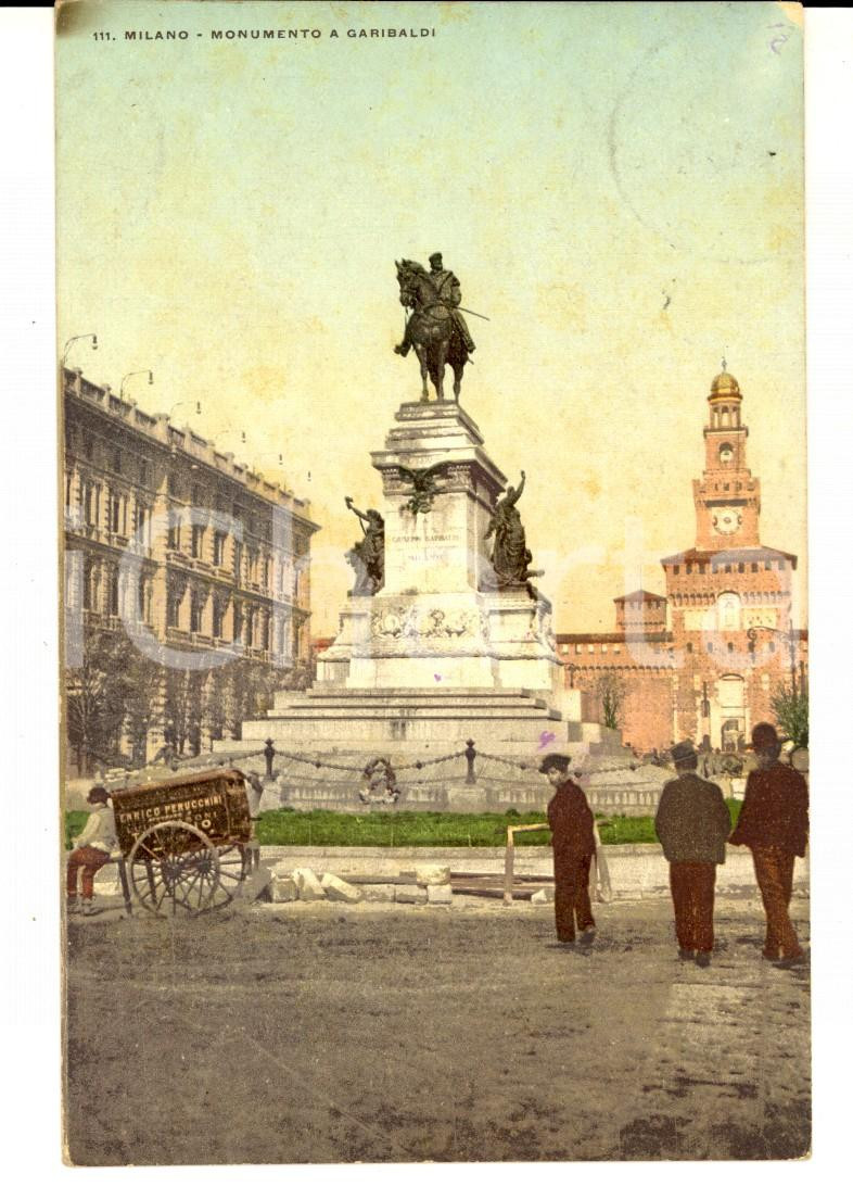 Cartolina originale da collezione 1913 MILANO CAIROLI Monumento a GARIBALDI Cartolina carretto Enrico PERUCCHINI 1