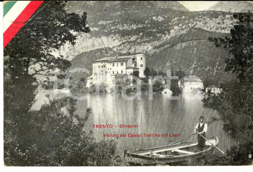 Cartolina originale da collezione 1916 TRENTO Veduta Castel TOBLINO con il lago Cartolina ANIMATA barcaiolo FP 1