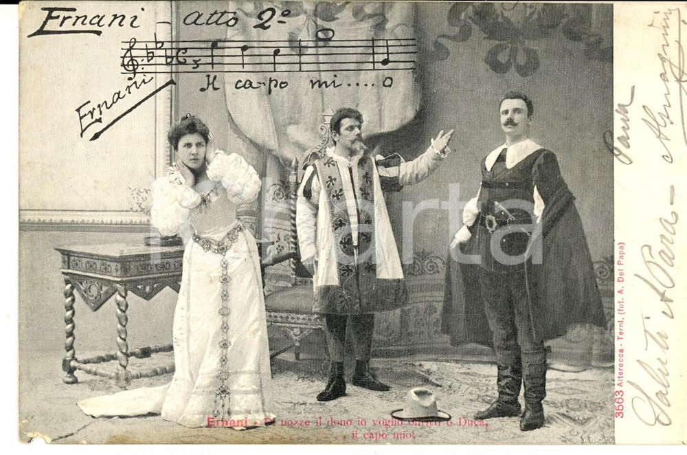 Cartolina originale da collezione 1900 ca TEATRO ERNANI Atto II  Il capo mio... Cartolina ILLUSTRATA FP 1