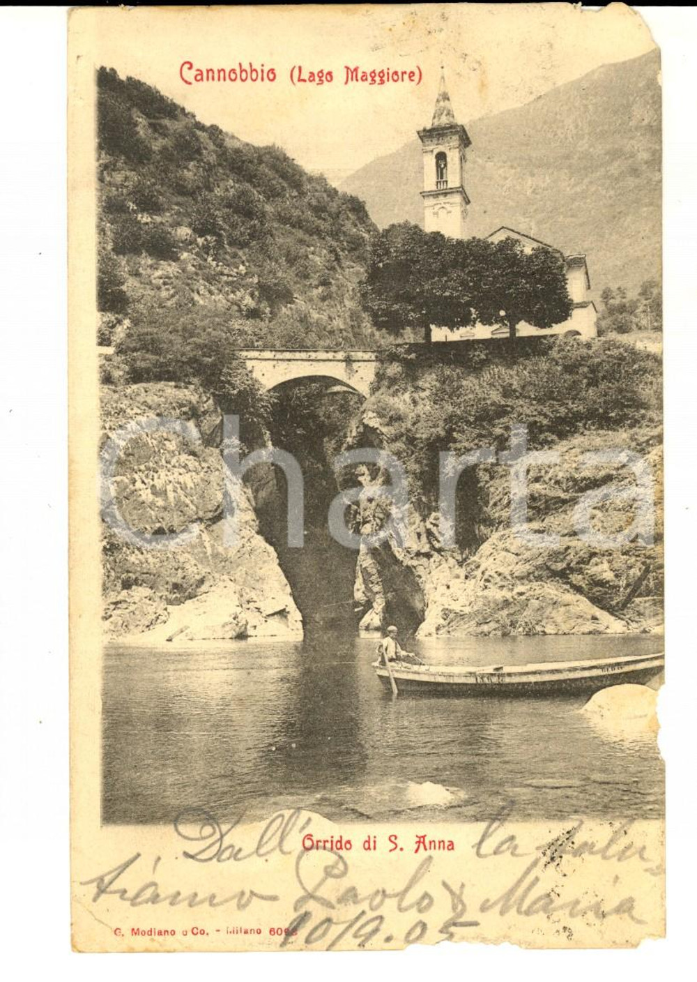 1905 CANNOBIO (VB) Orrido di SANT'ANNA *Cartolina ANIMATA con barca DANNEGGIATA