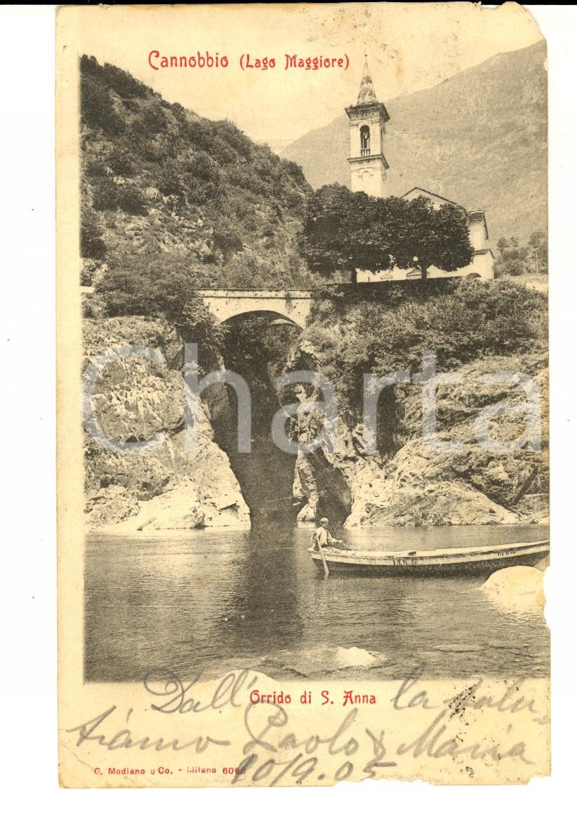 Cartolina originale da collezione 1905 CANNOBIO VB Orrido di SANT ANNA Cartolina ANIMATA con barca DANNEGGIATA 1