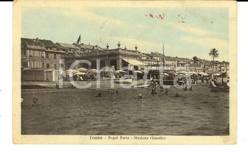 Cartolina originale da collezione 1929 LOANO SV Veduta dei Bagni DORIA Cartolina ANIMATA bagnanti FP VG 1