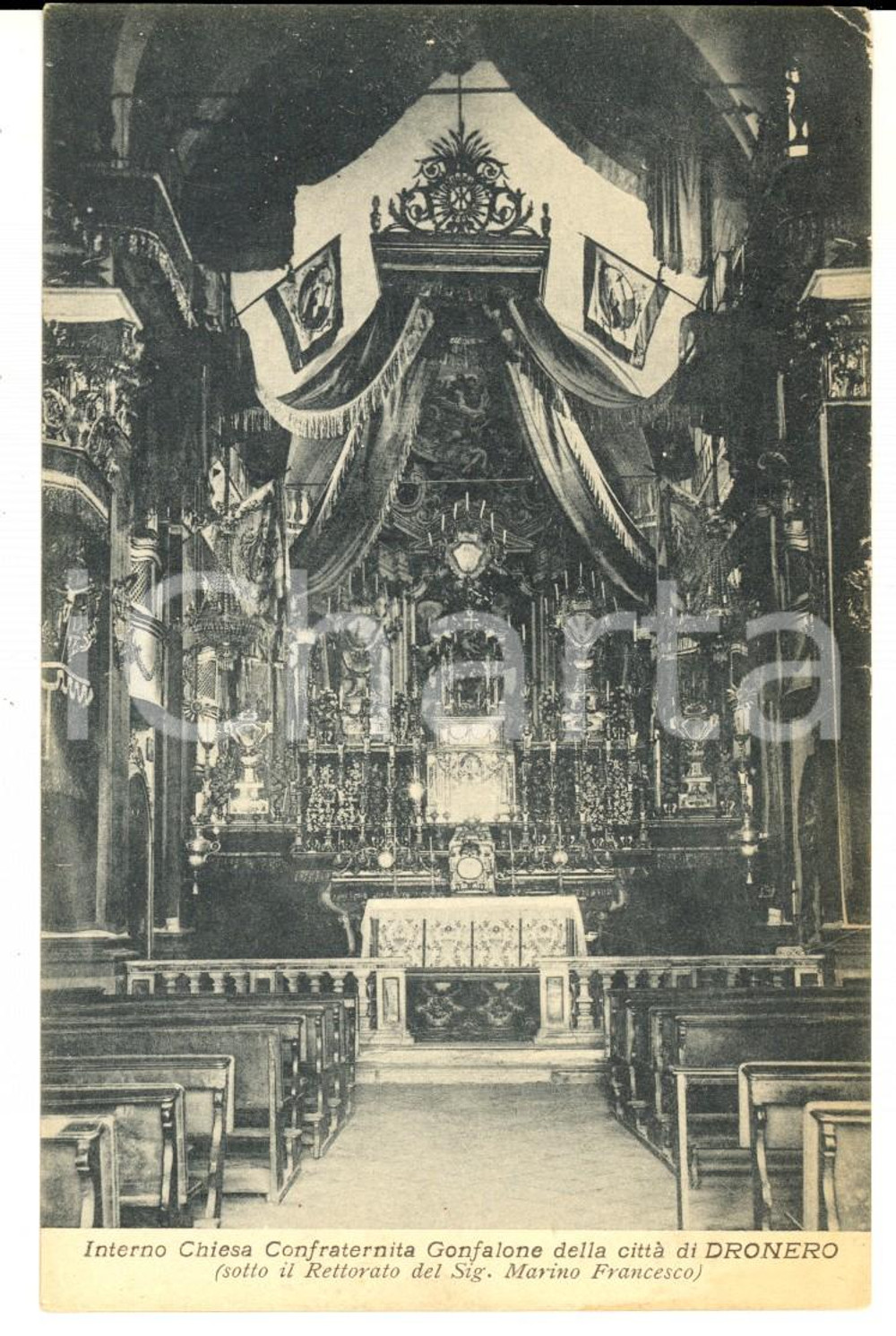 Cartolina originale da collezione 1915 ca DRONERO CN Interno Chiesa Confraternita  Gonfalone Cartolina FP NV 1