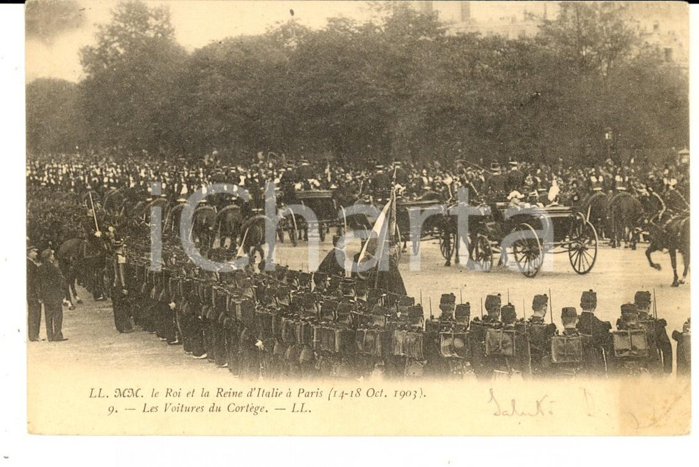 Cartolina originale da collezione 1903 PARIS Roi et Reine d Italie en visite  Voitures de cortÃ¨ge Carte postale 1