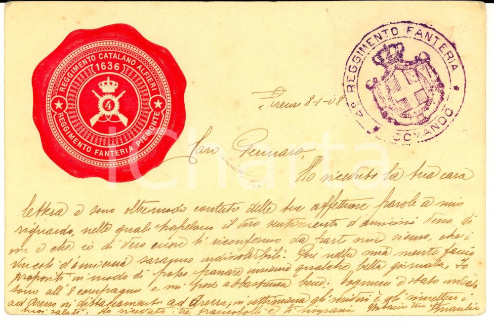 Cartolina originale da collezione 1908 FIRENZE 4Â° Reggimento Fanteria   CATALANO ALFIERI  PIEMONTE Cartolina 1