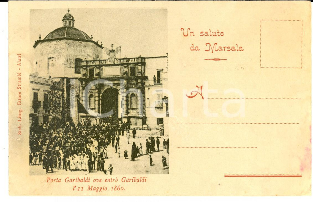 Cartolina originale da collezione 1900 ca MARSALA TP Veduta della PORTA GARIBALDI Cartolina ANIMATISSIMA FP NV 1