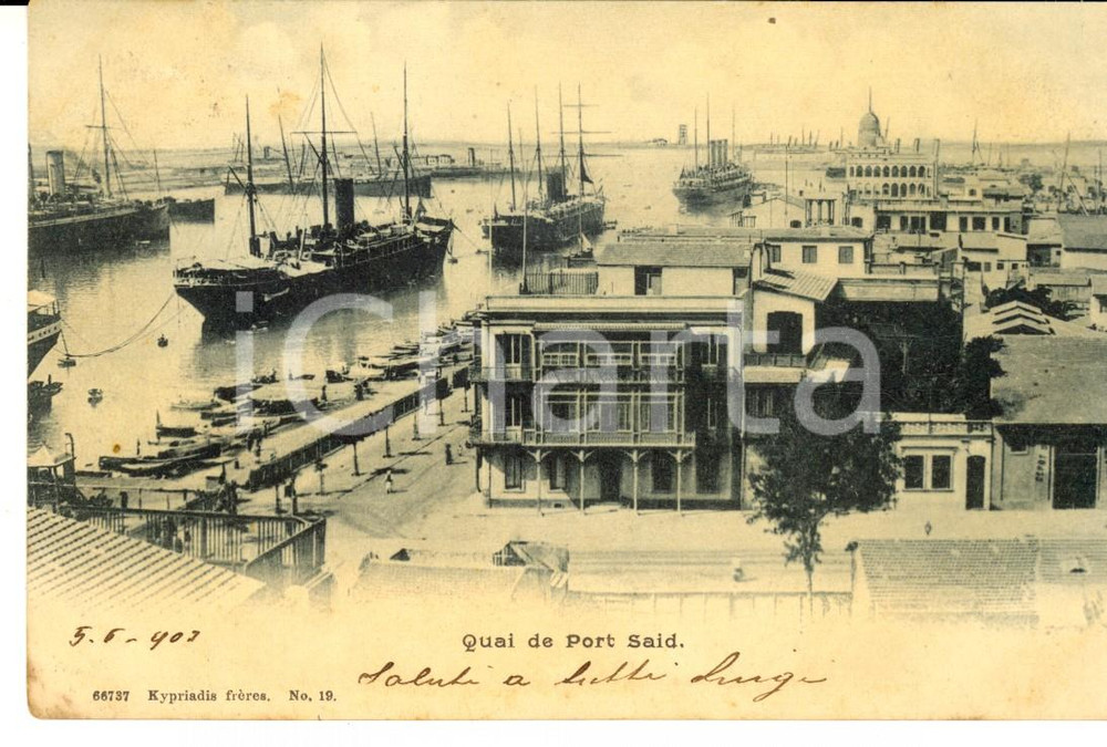 Cartolina originale da collezione 1903 PORT SAID EGITTO Veduta del porto Cartolina ANIMATA navi FP VG 1