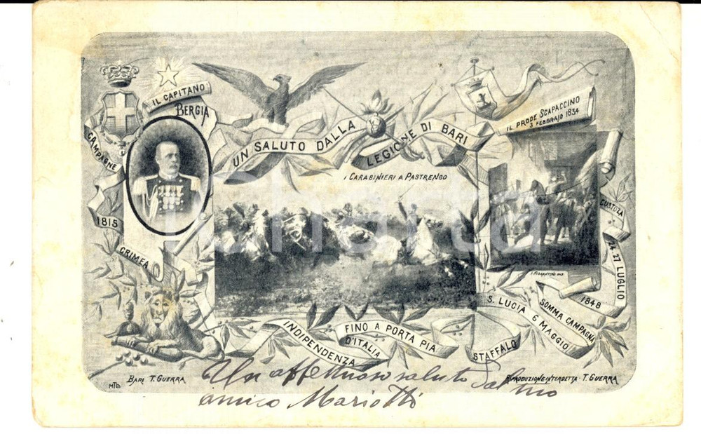 Cartolina originale da collezione 1902 CARABINIERI Legione di BARI  Capitano BERGIA Cartolina FP VG 1