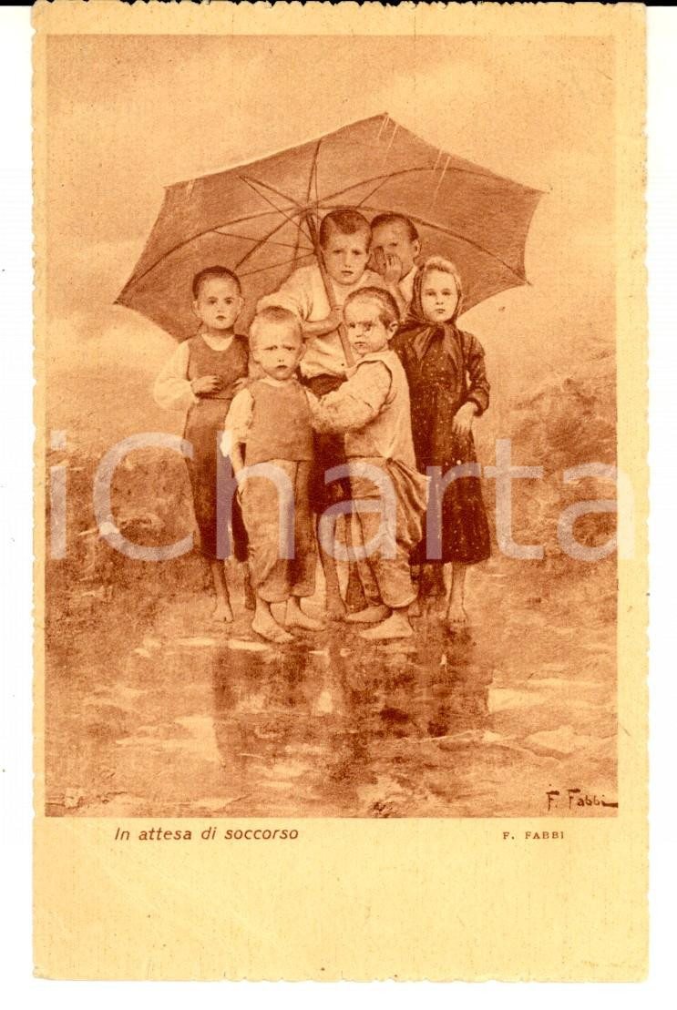 Cartolina originale da collezione 1936 Bambini in attesa di soccorso sotto la pioggia Cartolina ill. Fabio FABBI 1