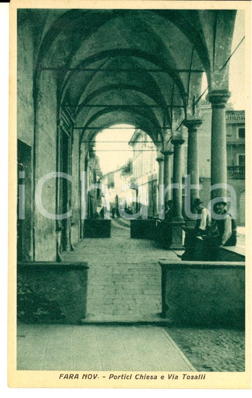 Cartolina originale da collezione 1930 ca FARA NOVARESE Portici Chiesa e via TOSALLI Cartolina ANIMATA FP 1