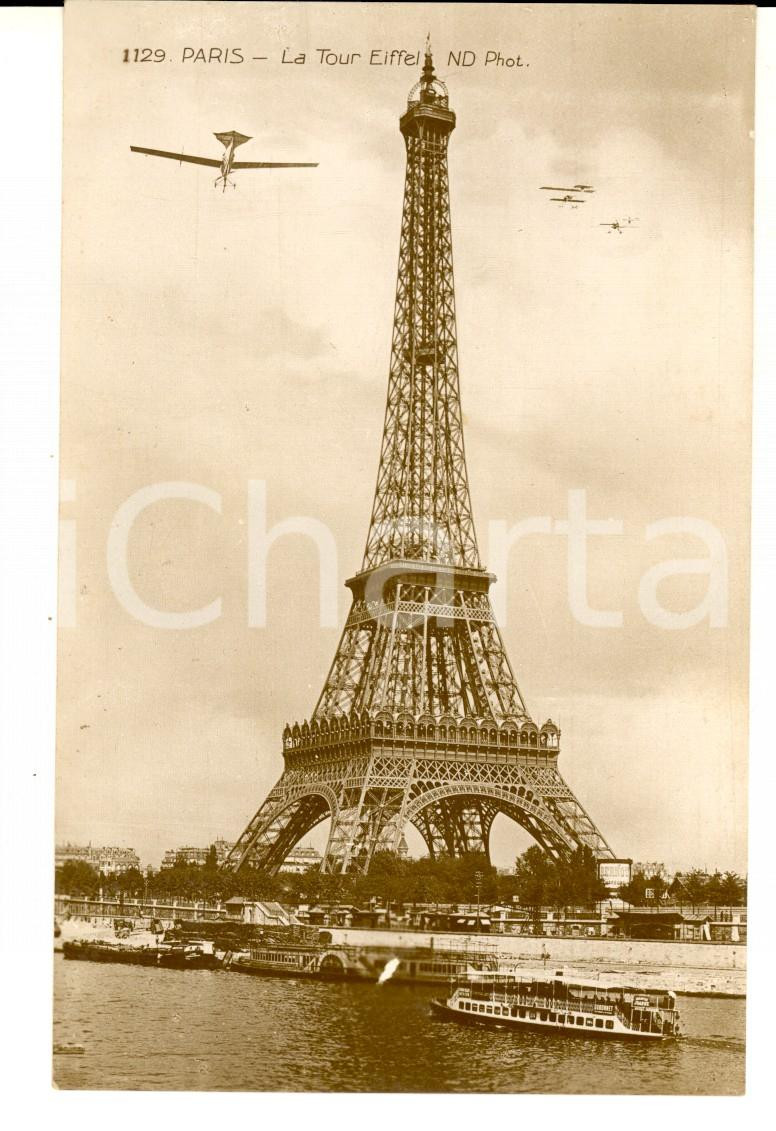 Cartolina originale da collezione 1920 ca PARIS TOUR EIFFEL Cartolina ANIMATA fotomontaggio aeroplani FP NV 1