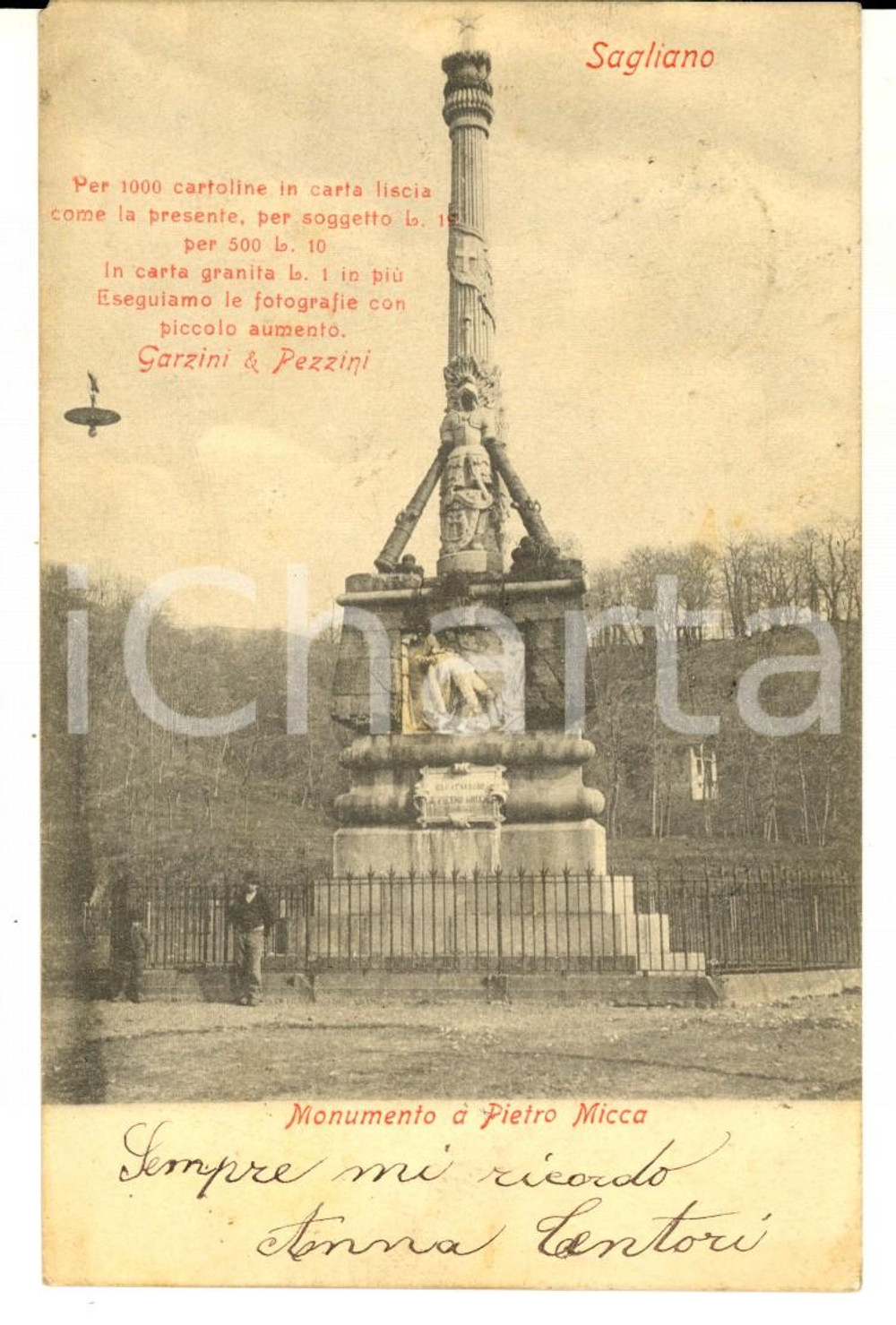 Cartolina originale da collezione 1900 ca SAGLIANO MICCA BI Monumento a Pietro MICCA Cartolina ANIMATA FP VG 1
