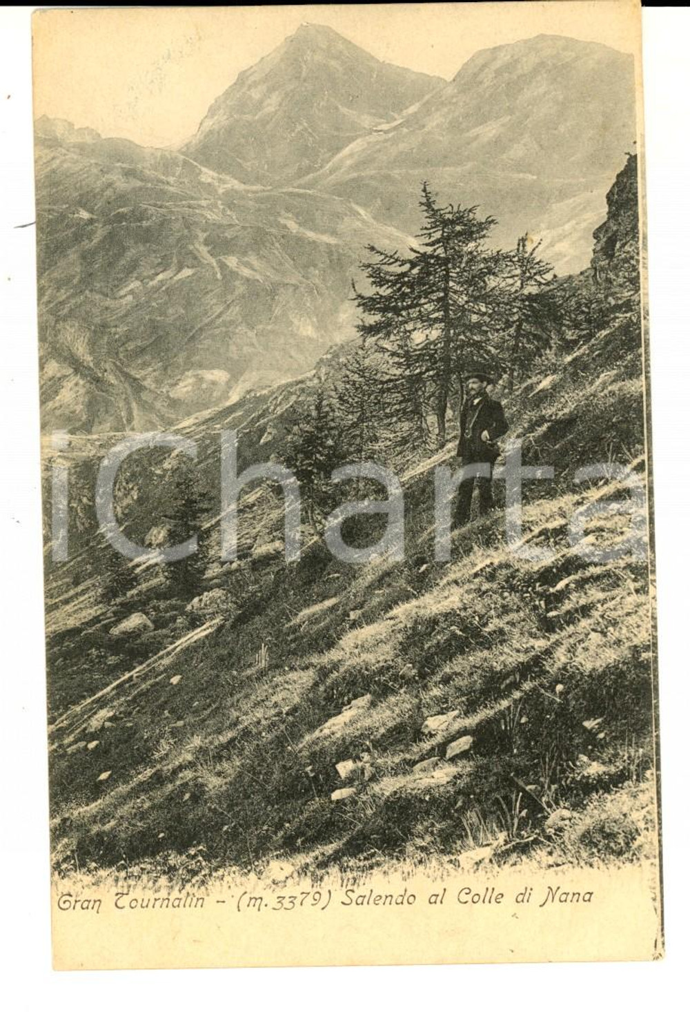Cartolina originale da collezione 1910 ca GRAN TOURNALIN AO Salita al Colle di NANA Cartolina ANIMATA FP 1