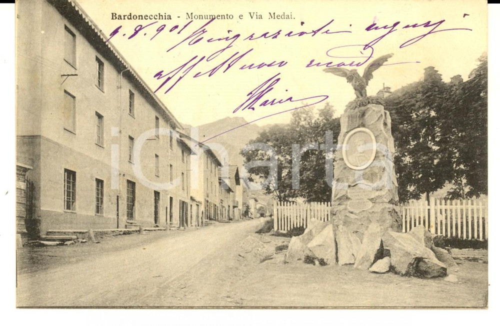 Cartolina originale da collezione 1901 BARDONECCHIA TO Via MEDAIL e monumento Cartolina postale FP VG 1