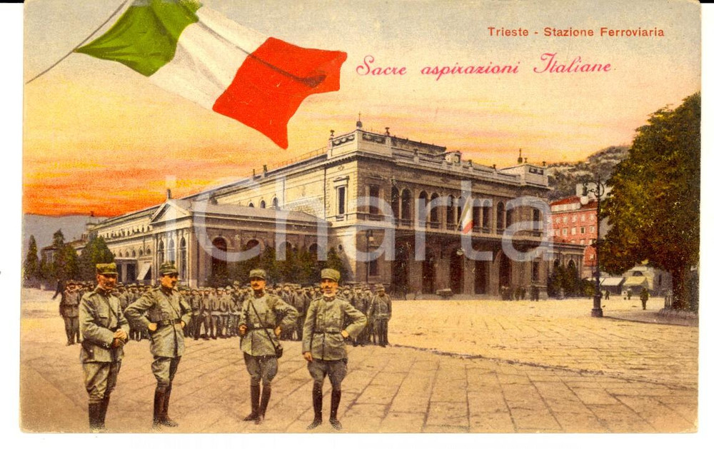 Cartolina originale da collezione 1915 IRREDENTISMO TRIESTE  Stazione ferroviaria Cartolina ILLUSTRATA soldati FP 1