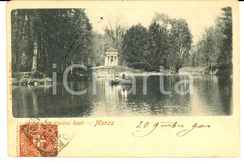 Cartolina originale da collezione 1900 MONZA Giardini Reali Cartolina ANIMATA con barca FP VG 1
