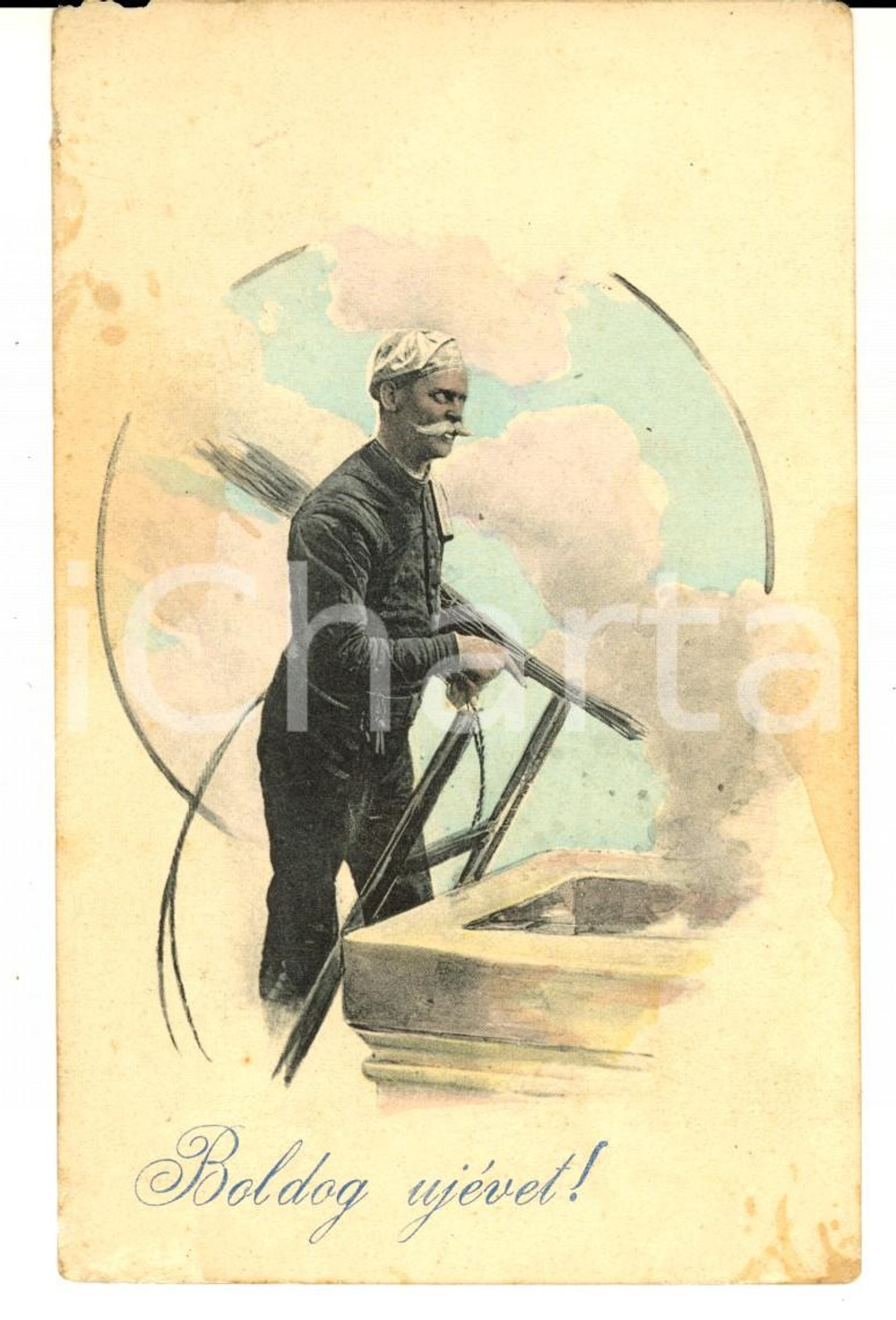 Cartolina originale da collezione 1914 HUNGARY A chimney sweep  Boldog ujevet HAPPY NEW YEAR Postcard 1