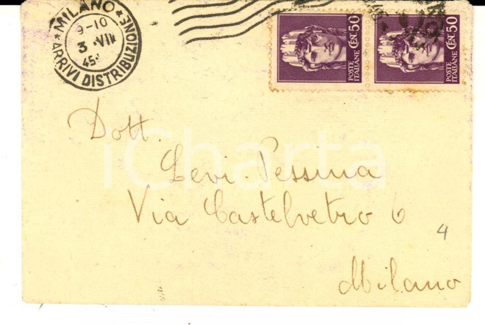 1945 STORIA POSTALE LUOGOTENENZA Busta affrancata RSI Striscia 50 cent. Turrita