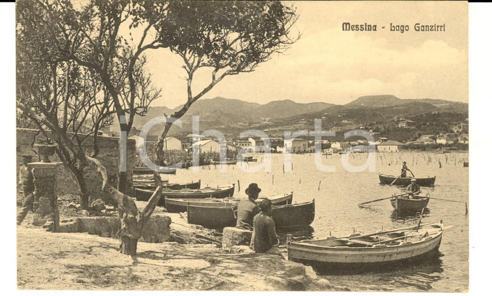 Cartolina originale da collezione 1915 ca MESSINA Veduta con il Lago GANZIRRI  Cartolina ANIMATA barche FP NV 1
