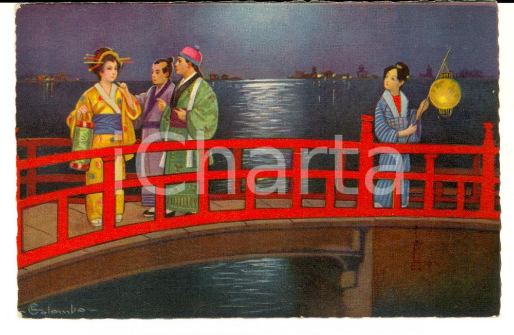 Cartolina originale da collezione 1927 COSTUMI GIAPPONE Scena su un ponte Cartolina Ill. E. COLOMBO FP VG 1