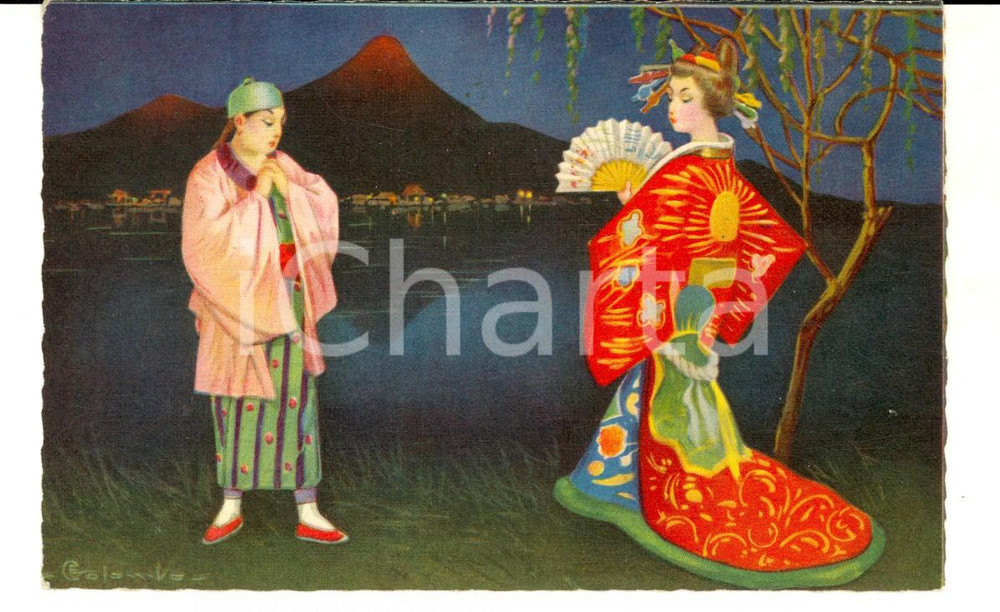Cartolina originale da collezione 1925 ca COSTUMI GIAPPONE Scena con Monte FUJI Cartolina Ill. E. COLOMBO FP NV 1