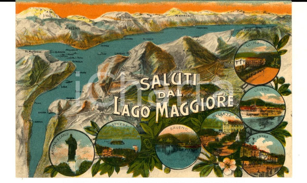 Cartolina originale da collezione 1920 ca LAGO MAGGIORE Cartolina ILLUSTRATA con vedutine paesi VINTAGE FP 1