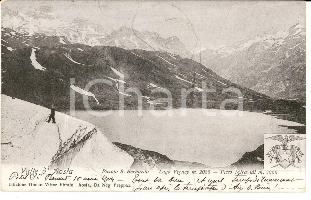 Cartolina originale da collezione 1904 VALLE D AOSTA Piccolo S. Bernardo  Lago Verney  Picco Miravidi Cartolina 1