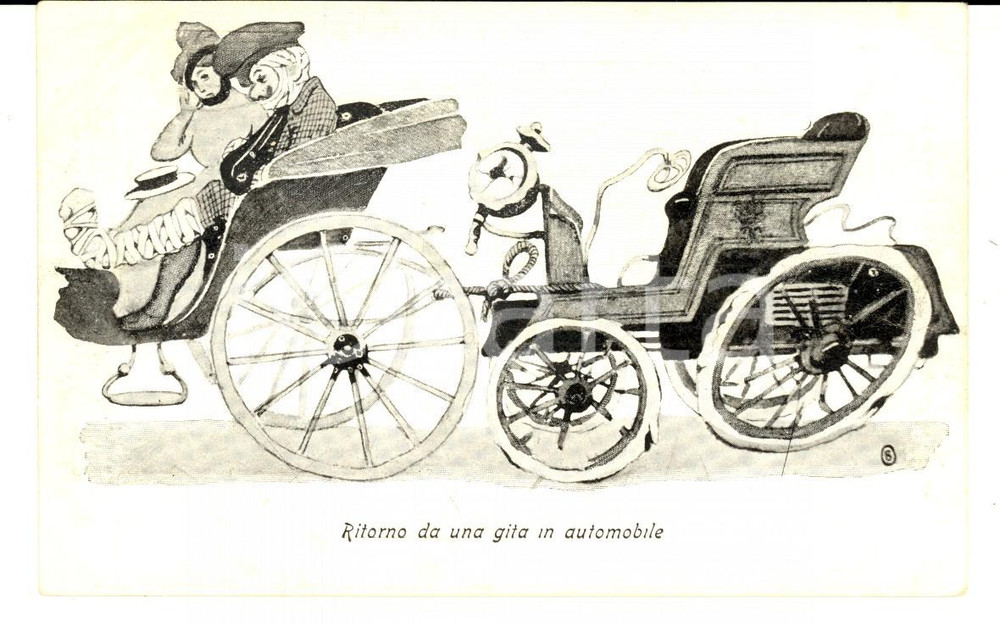 Cartolina originale da collezione 1900 ca Ritorno da una gita in automobile Cartolina postale SATIRICA FP NV 1
