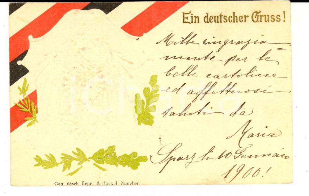 Cartolina originale da collezione 1900 GERMANIA Eine deutscher Gruss Cartolina augurale con aquila a rilievo 1