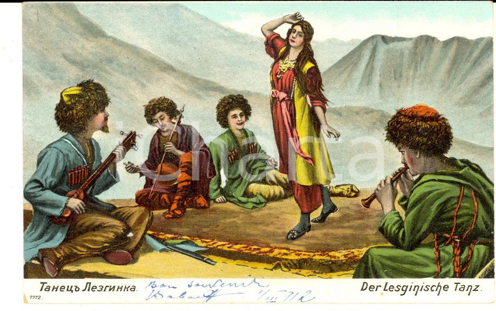 Cartolina originale da collezione 1912 COSTUMI CAUCASO Danza tipica dei LEZGINI Cartolina postale VINTAGE FP 1