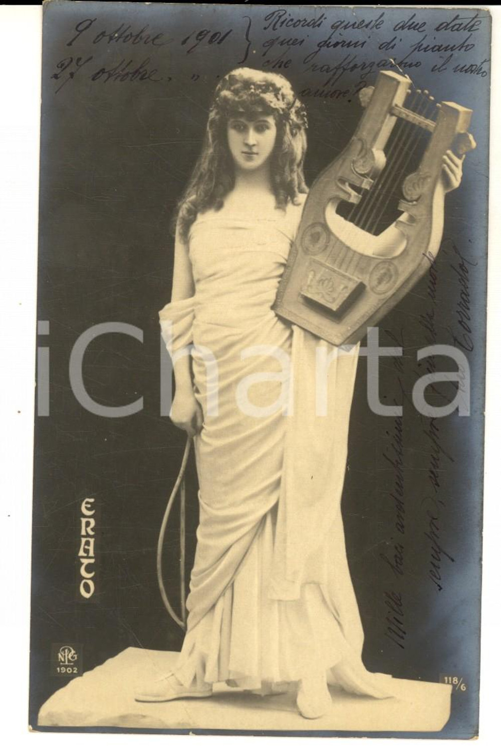 Cartolina originale da collezione 1901 ANTICHITA  Giovane donna nelle vesti della musa Erato Cartolina FP 1
