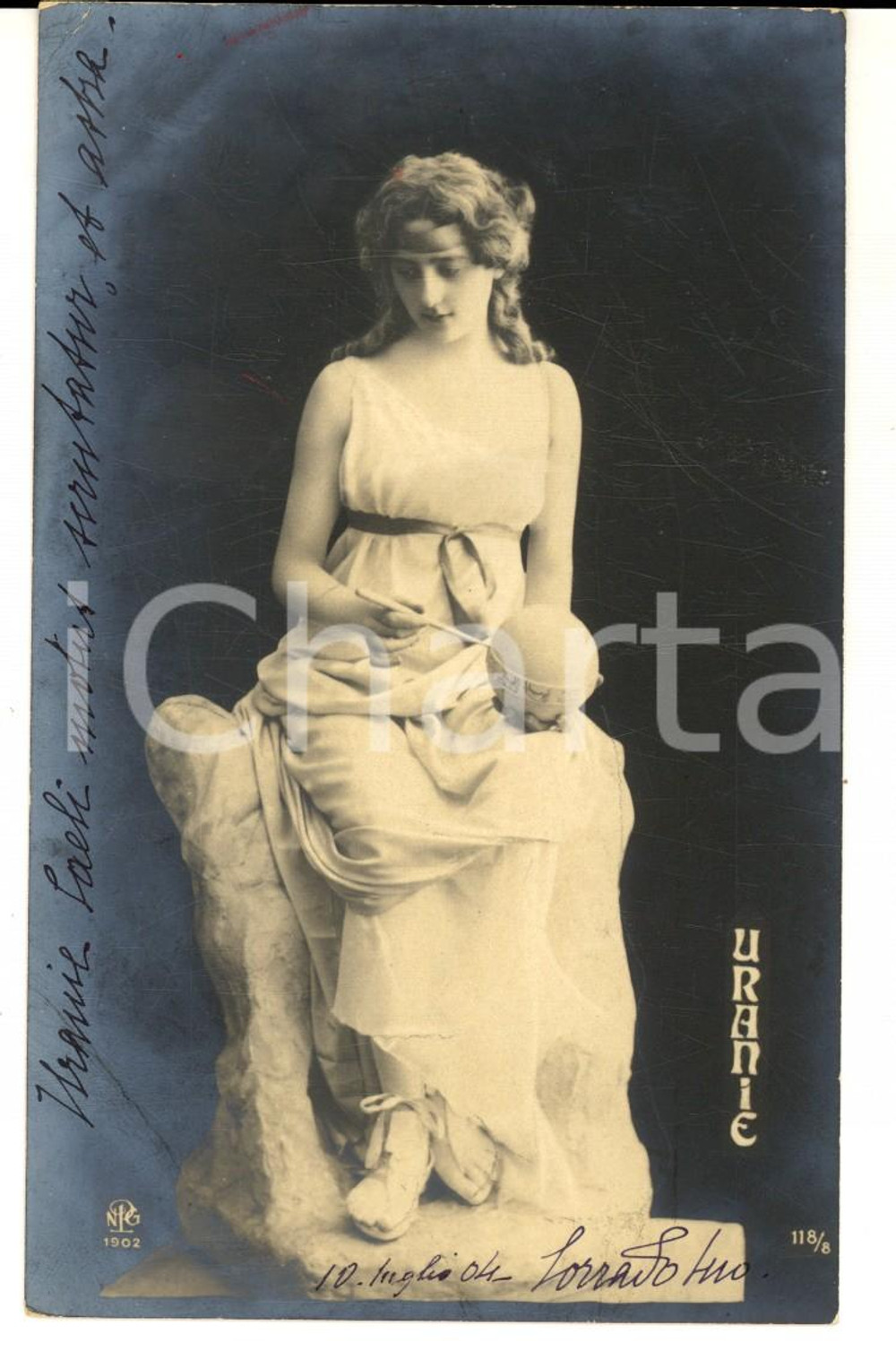 Cartolina originale da collezione 1904 ANTICHITA  Giovane donna nelle vesti della musa Urania Cartolina FP 1